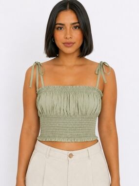Danielle Bernstein Women's Sage Green Smocked Tie Strap Crop Top - Size S.